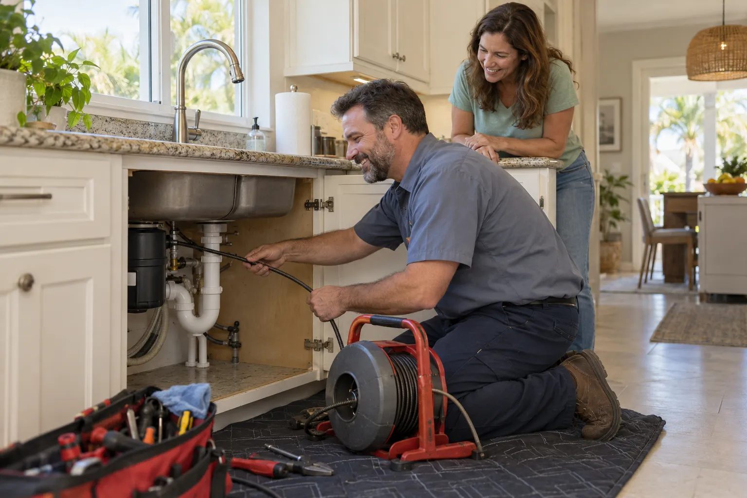 A friendly local plumbing provider clearing a kitchen drain for a homeowner in Apopka